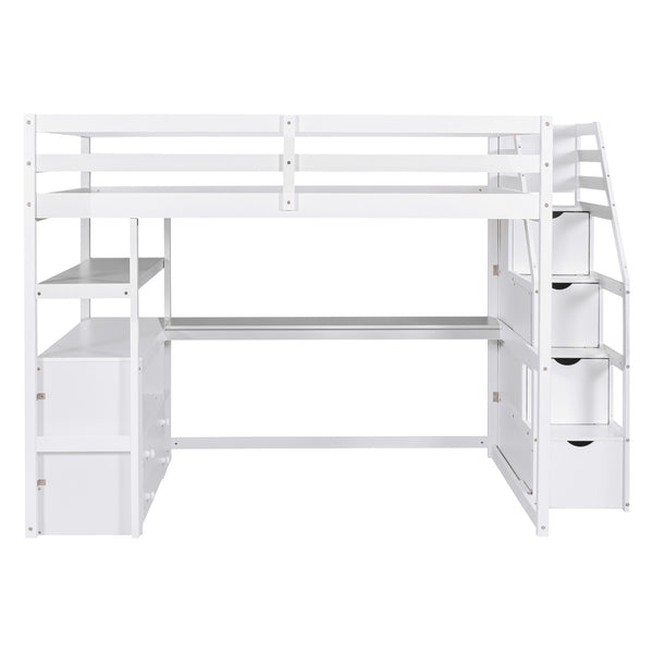 English Elm Full Loft Bed with Desk, Shelves and Storage Staircase, Solid Pine Frame, Two Large Drawers, Durable and Space-Saving White GX000426AAK