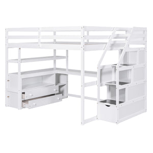 English Elm Full Loft Bed with Desk, Shelves and Storage Staircase, Solid Pine Frame, Two Large Drawers, Durable and Space-Saving White GX000426AAK
