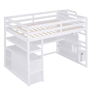 English Elm Full Loft Bed with Desk, Shelves and Storage Staircase, Solid Pine Frame, Two Large Drawers, Durable and Space-Saving White GX000426AAK
