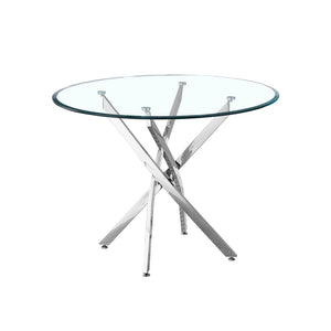 English Elm Contemporary Round Glass Dining Table Sculptural Steel Base Seats Four Modern Rooms W1241106644