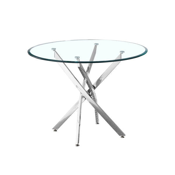 English Elm Contemporary Round Glass Dining Table Sculptural Steel Base Seats Four Modern Rooms W1241106644