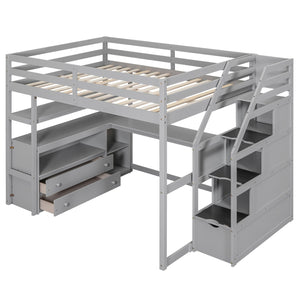 English Elm Full Loft Bed with Desk, Shelves and Storage Staircase, Solid Pine Frame, Two Large Drawers, Durable and Space-Saving Gray GX000426AAE
