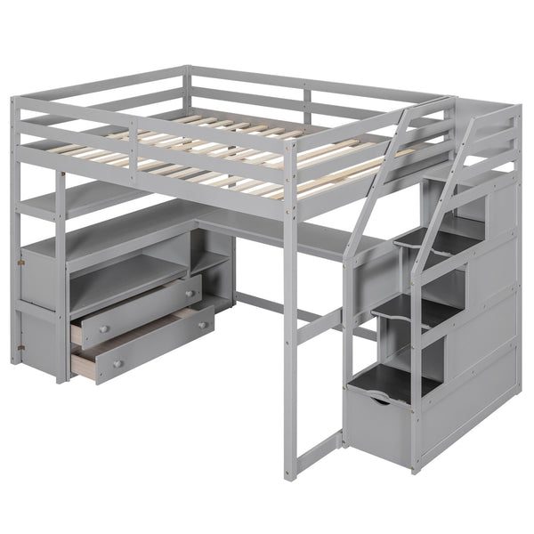 English Elm Full Loft Bed with Desk, Shelves and Storage Staircase, Solid Pine Frame, Two Large Drawers, Durable and Space-Saving Gray GX000426AAE