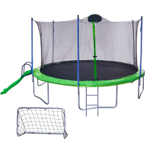 English Elm 16ft Outdoor Trampoline with Enclosure Net Slide Basketball Backboard Football Goal W285S00017