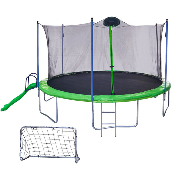 English Elm 16ft Outdoor Trampoline with Enclosure Net Slide Basketball Backboard Football Goal W285S00017