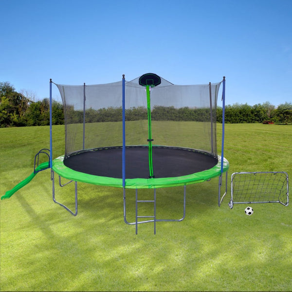 English Elm 16ft Outdoor Trampoline with Enclosure Net Slide Basketball Backboard Football Goal W285S00017