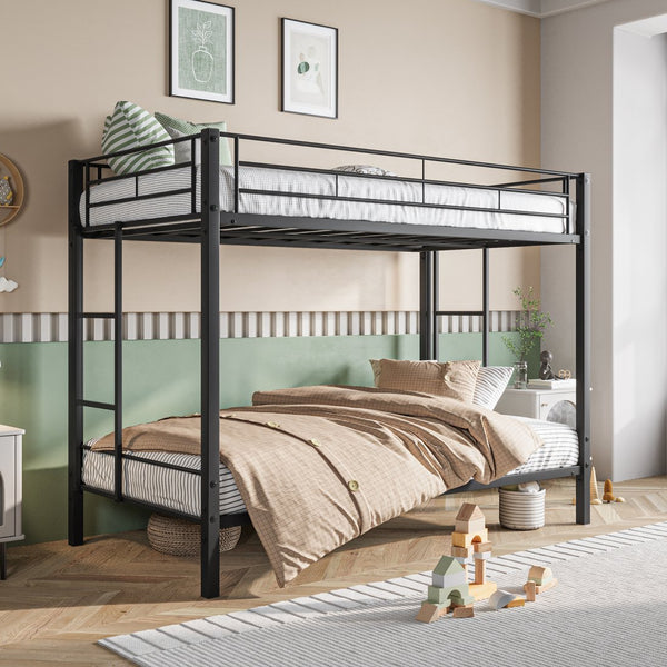 English Elm Metal Heavy Duty Twin Over Twin Bunk Bed with Shelves, Slatted No-Box-Spring Design, Quiet Black Frame W840107070