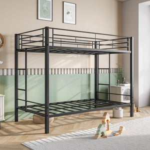 English Elm Metal Heavy Duty Twin Over Twin Bunk Bed with Shelves, Slatted No-Box-Spring Design, Quiet Black Frame W840107070