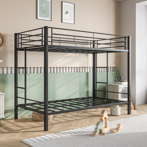 English Elm Metal Heavy Duty Twin Over Twin Bunk Bed with Shelves, Slatted No-Box-Spring Design, Quiet Black Frame W840107070