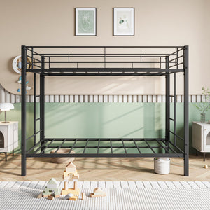 English Elm Metal Heavy Duty Twin Over Twin Bunk Bed with Shelves, Slatted No-Box-Spring Design, Quiet Black Frame W840107070