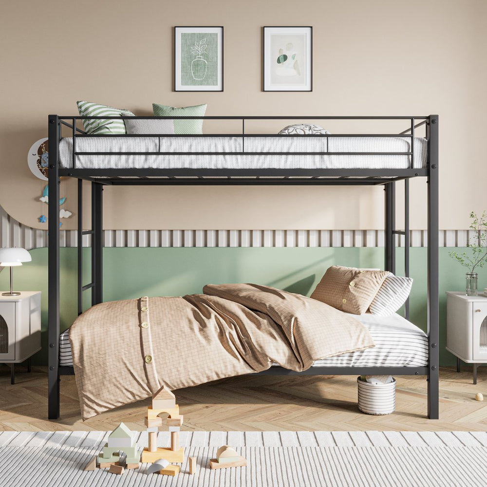 English Elm Metal Heavy Duty Twin Over Twin Bunk Bed with Shelves, Slatted No-Box-Spring Design, Quiet Black Frame W840107070