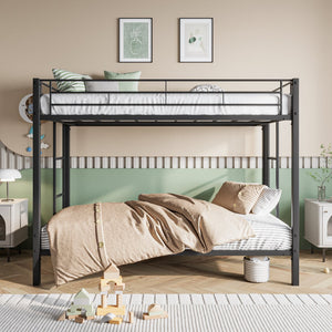 English Elm Metal Heavy Duty Twin Over Twin Bunk Bed with Shelves, Slatted No-Box-Spring Design, Quiet Black Frame W840107070