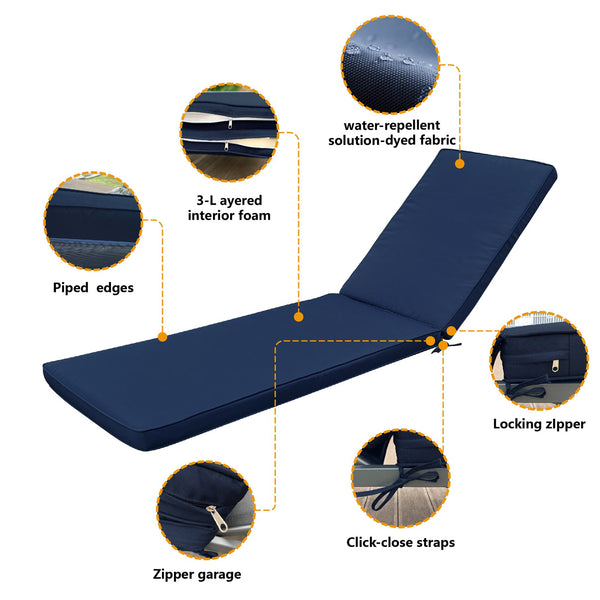English Elm 2PCS 75" Chaise Lounge Cushion Set Navy Blue - Removable Zipper Covers, Straps, Sponge Fill Comfort W419103836