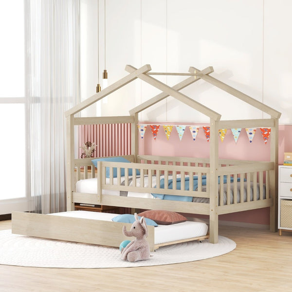 English Elm Twin House Bed Pinewood Frame with Roofline Design and Pull Out Trundle for Kids Natural WF302178AAN