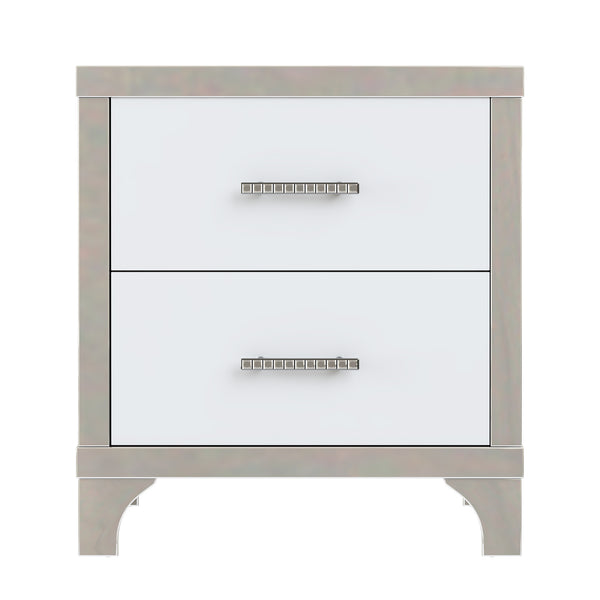 English Elm Elegant High Gloss Nightstand with Mirrored Accents and Metal Handle, 2-Drawer Modern Storage Table for Bedroom and Living Room, Sleek MDF Design White 26.77 L x 18.9 W x 11.22 H N733P205356K