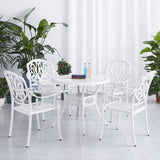 Outdoor Dining Set: 5-Piece Cast Aluminum Patio Furniture with Round Table, 4 Chairs, Umbrella Hole, Lattice Weave Design (White)