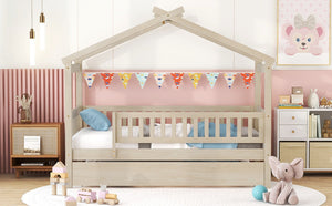 English Elm Twin House Bed Pinewood Frame with Roofline Design and Pull Out Trundle for Kids Natural WF302178AAN