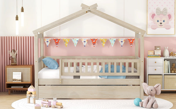 English Elm Twin House Bed Pinewood Frame with Roofline Design and Pull Out Trundle for Kids Natural WF302178AAN