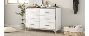 English Elm Elegant High Gloss Dresser with Metal Handles and Mirrored Panels, 6-Drawer Space-Saving Storage Solution White 55.71 L x 19.29 W x 10.63 H N733P205355K