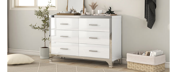 English Elm Elegant High Gloss Dresser with Metal Handles and Mirrored Panels, 6-Drawer Space-Saving Storage Solution White 55.71 L x 19.29 W x 10.63 H N733P205355K