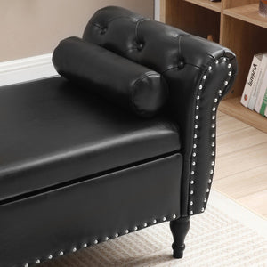 English Elm 63" PU Upholstered Storage Bench with Safety Hinge, Tufted Button Seat, Nailhead Trim, Pillow, Black W111794397