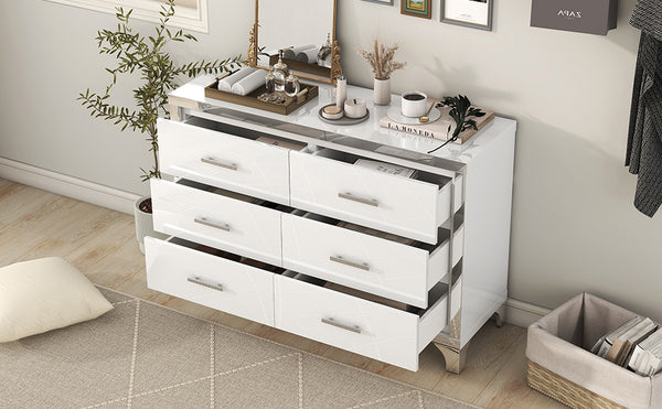 English Elm Elegant High Gloss Dresser with Metal Handles and Mirrored Panels, 6-Drawer Space-Saving Storage Solution White 55.71 L x 19.29 W x 10.63 H N733P205355K