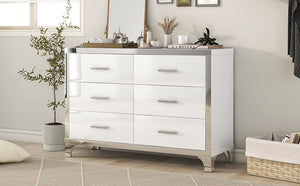 English Elm Elegant High Gloss Dresser with Metal Handles and Mirrored Panels, 6-Drawer Space-Saving Storage Solution White 55.71 L x 19.29 W x 10.63 H N733P205355K
