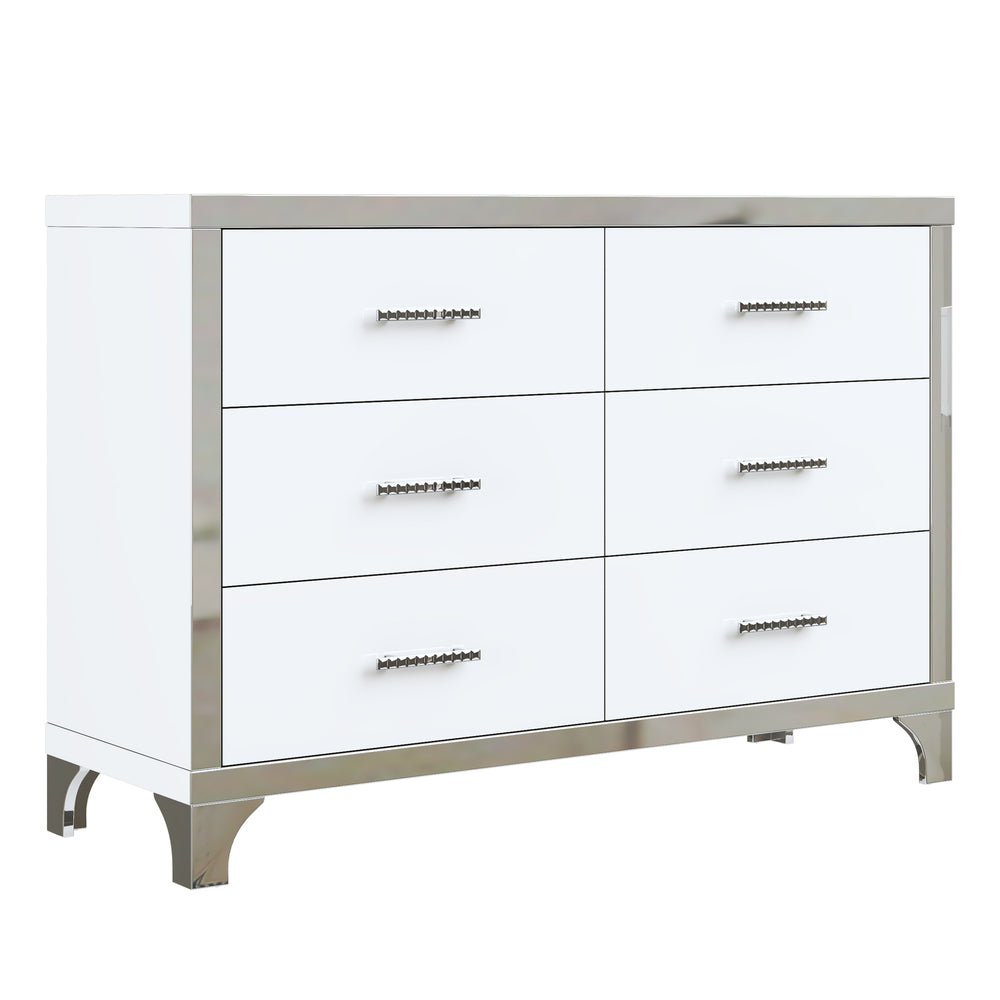 English Elm Elegant High Gloss Dresser with Metal Handles and Mirrored Panels, 6-Drawer Space-Saving Storage Solution White 55.71 L x 19.29 W x 10.63 H N733P205355K