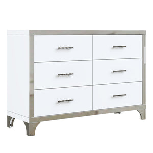 English Elm Elegant High Gloss Dresser with Metal Handles and Mirrored Panels, 6-Drawer Space-Saving Storage Solution White 55.71 L x 19.29 W x 10.63 H N733P205355K