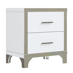 English Elm Elegant High Gloss Nightstand with Mirrored Accents and Metal Handle, 2-Drawer Modern Storage Table for Bedroom and Living Room, Sleek MDF Design White 26.77 L x 18.9 W x 11.22 H N733P205356K