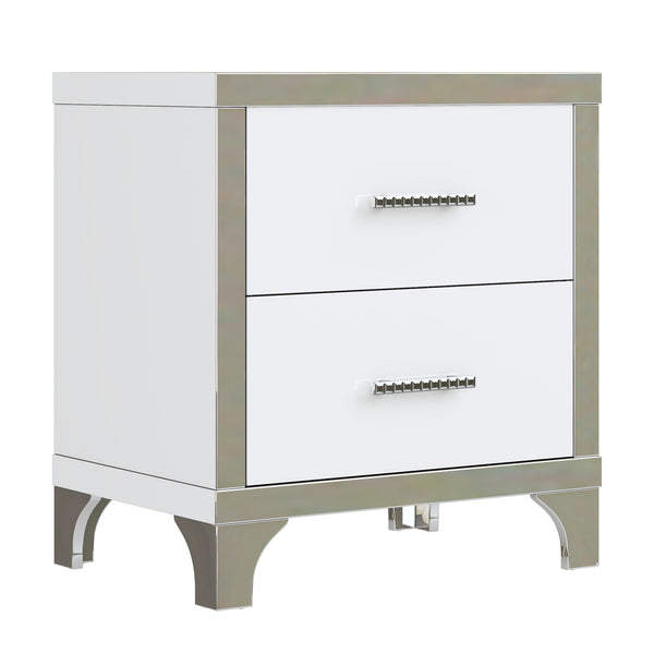 English Elm Elegant High Gloss Nightstand with Mirrored Accents and Metal Handle, 2-Drawer Modern Storage Table for Bedroom and Living Room, Sleek MDF Design White 26.77 L x 18.9 W x 11.22 H N733P205356K