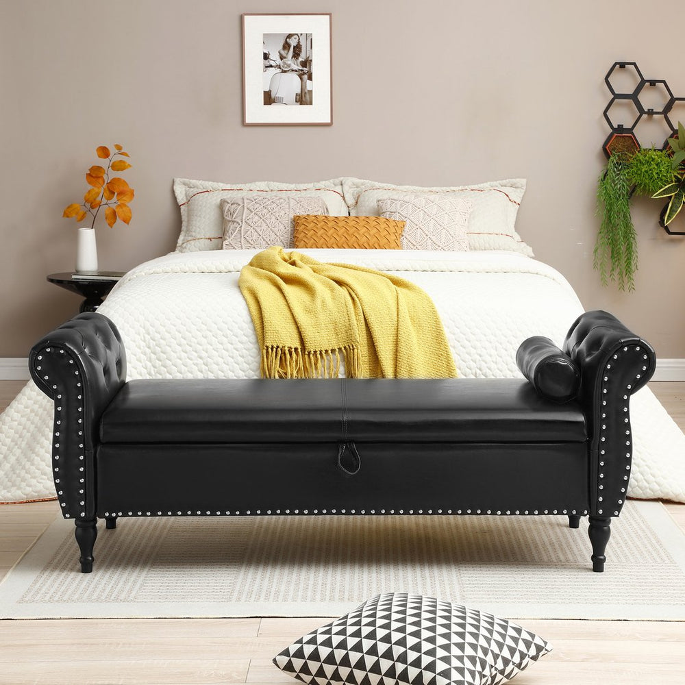 English Elm 63" PU Upholstered Storage Bench with Safety Hinge, Tufted Button Seat, Nailhead Trim, Pillow, Black W111794397