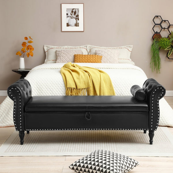 English Elm 63" PU Upholstered Storage Bench with Safety Hinge, Tufted Button Seat, Nailhead Trim, Pillow, Black W111794397