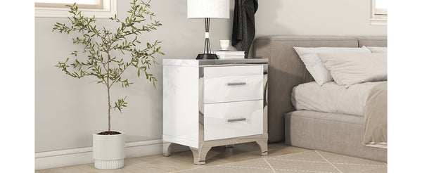 English Elm Elegant High Gloss Nightstand with Mirrored Accents and Metal Handle, 2-Drawer Modern Storage Table for Bedroom and Living Room, Sleek MDF Design White 26.77 L x 18.9 W x 11.22 H N733P205356K