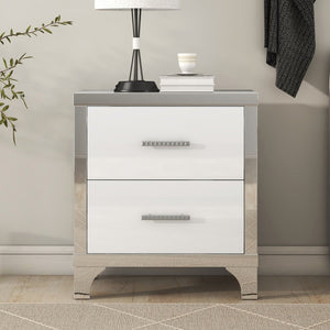 English Elm Elegant High Gloss Nightstand with Mirrored Accents and Metal Handle, 2-Drawer Modern Storage Table for Bedroom and Living Room, Sleek MDF Design White 26.77 L x 18.9 W x 11.22 H N733P205356K