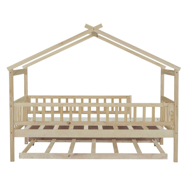 English Elm Twin House Bed Pinewood Frame with Roofline Design and Pull Out Trundle for Kids Natural WF302178AAN