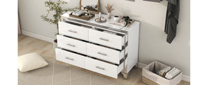 English Elm Elegant High Gloss Dresser with Metal Handles and Mirrored Panels, 6-Drawer Space-Saving Storage Solution White 55.71 L x 19.29 W x 10.63 H N733P205355K