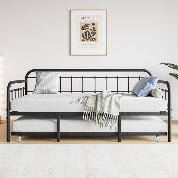 English Elm Twin Metal Daybed with Trundle, Heavy-Duty Steel Frame & Slat Support, 400lb Capacity, Black Elegance W840103518