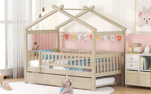 English Elm Twin House Bed Pinewood Frame with Roofline Design and Pull Out Trundle for Kids Natural WF302178AAN