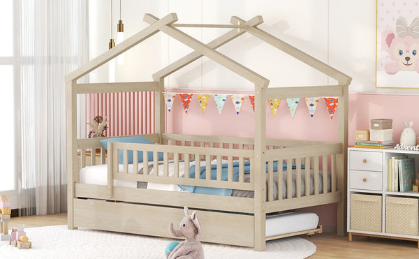 English Elm Twin House Bed Pinewood Frame with Roofline Design and Pull Out Trundle for Kids Natural WF302178AAN