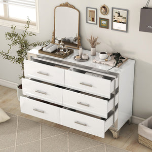 English Elm Elegant High Gloss Dresser with Metal Handles and Mirrored Panels, 6-Drawer Space-Saving Storage Solution White 55.71 L x 19.29 W x 10.63 H N733P205355K
