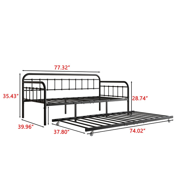English Elm Twin Metal Daybed with Trundle, Heavy-Duty Steel Frame & Slat Support, 400lb Capacity, Black Elegance W840103518