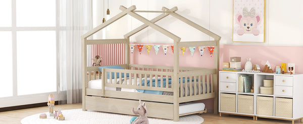 English Elm Twin House Bed Pinewood Frame with Roofline Design and Pull Out Trundle for Kids Natural WF302178AAN