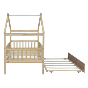 English Elm Twin House Bed Pinewood Frame with Roofline Design and Pull Out Trundle for Kids Natural WF302178AAN