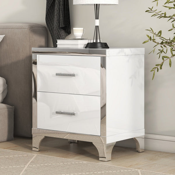 English Elm Elegant High Gloss Nightstand with Mirrored Accents and Metal Handle, 2-Drawer Modern Storage Table for Bedroom and Living Room, Sleek MDF Design White 26.77 L x 18.9 W x 11.22 H N733P205356K