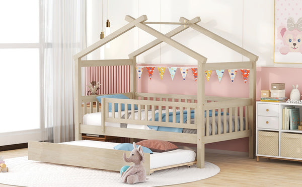 English Elm Twin House Bed Pinewood Frame with Roofline Design and Pull Out Trundle for Kids Natural WF302178AAN