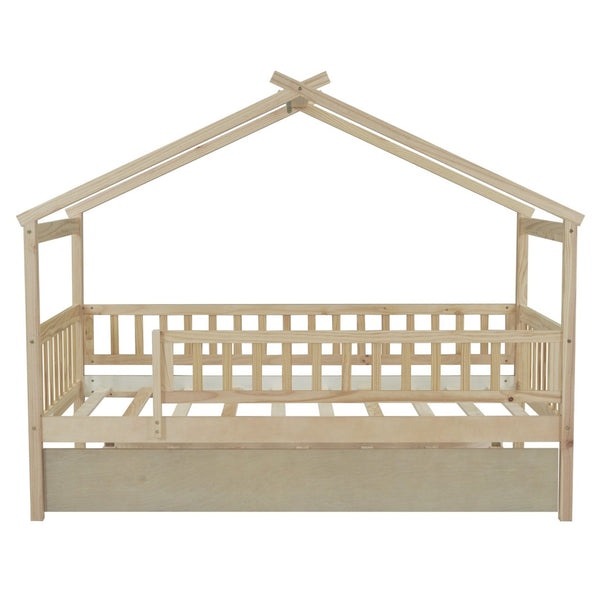 English Elm Twin House Bed Pinewood Frame with Roofline Design and Pull Out Trundle for Kids Natural WF302178AAN