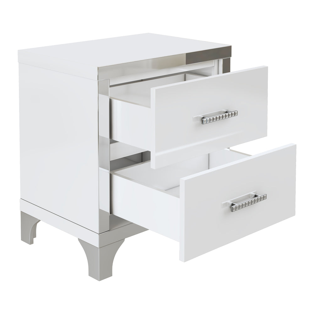 English Elm Elegant High Gloss Nightstand with Mirrored Accents and Metal Handle, 2-Drawer Modern Storage Table for Bedroom and Living Room, Sleek MDF Design White 26.77 L x 18.9 W x 11.22 H N733P205356K