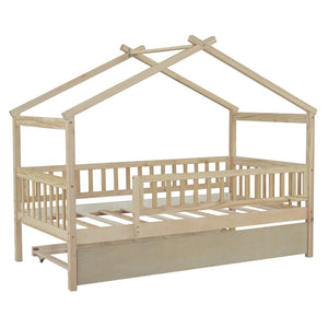 English Elm Twin House Bed Pinewood Frame with Roofline Design and Pull Out Trundle for Kids Natural WF302178AAN