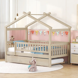 English Elm Twin House Bed Pinewood Frame with Roofline Design and Pull Out Trundle for Kids Natural WF302178AAN
